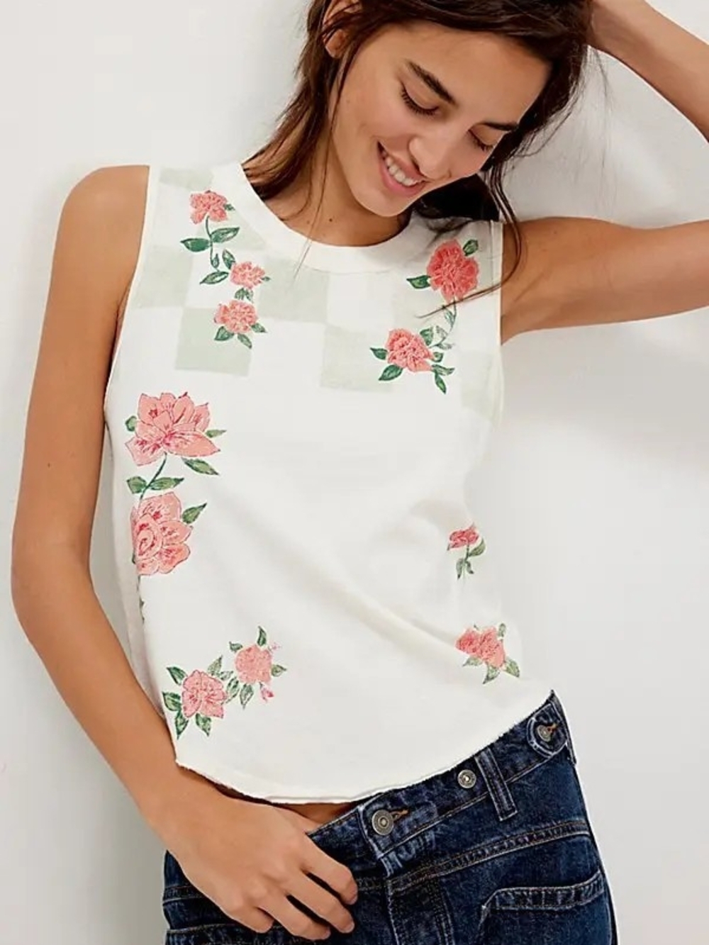 We The Free White Tank Top with Pink Rose Embroidery